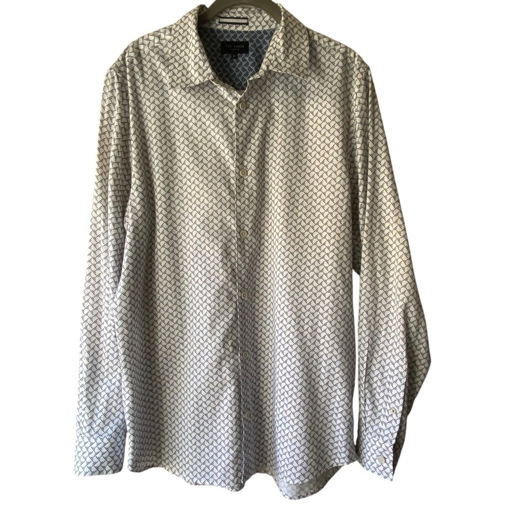 Ted Baker London Button Down Wrinkle Free White Patterned Longsleeve Shirt SZ L